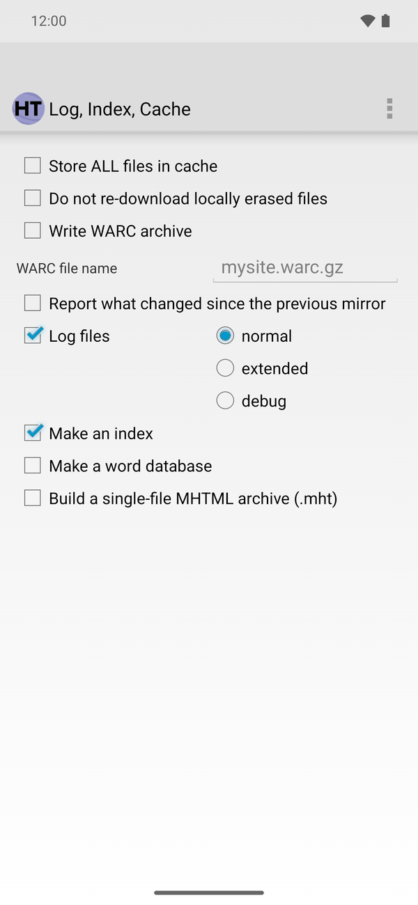 Android Log, Index, Cache tab