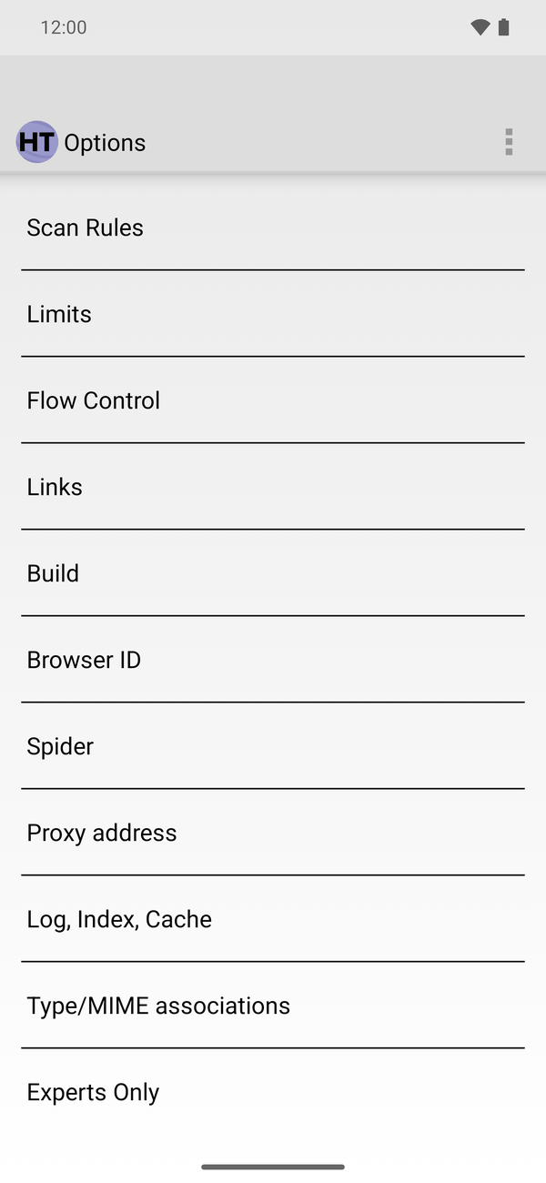 Android options tab list