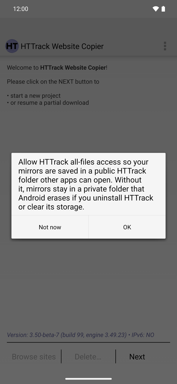 HTTrack asking for all-files access