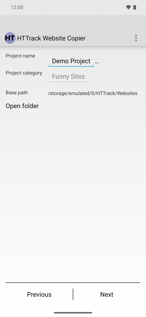 Android project name, category and base path