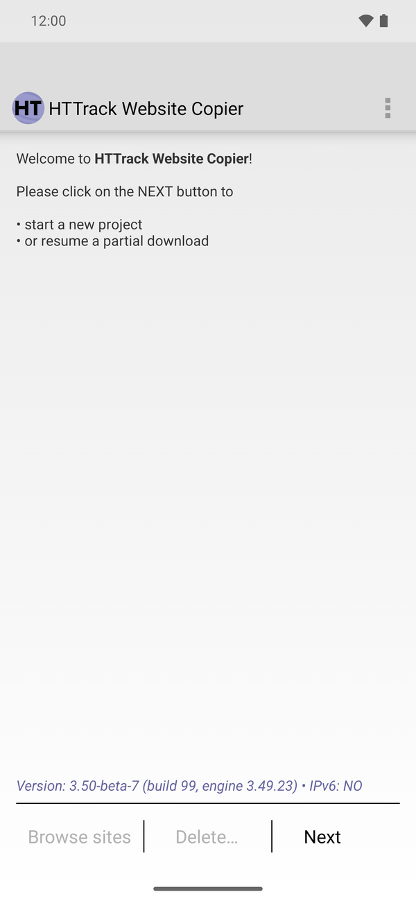 HTTrack for Android welcome screen