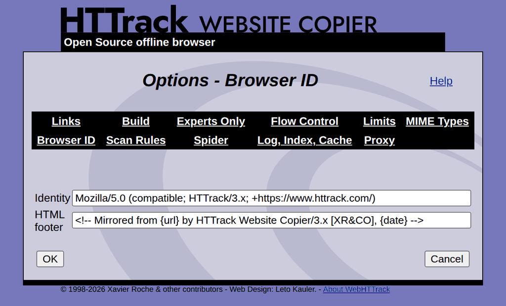 WebHTTrack Browser ID tab