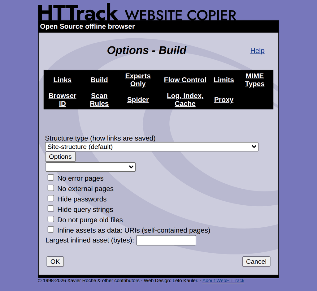 WebHTTrack Build tab