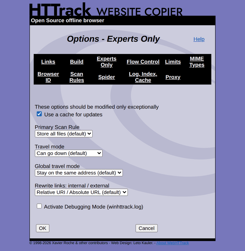 WebHTTrack Experts Only tab