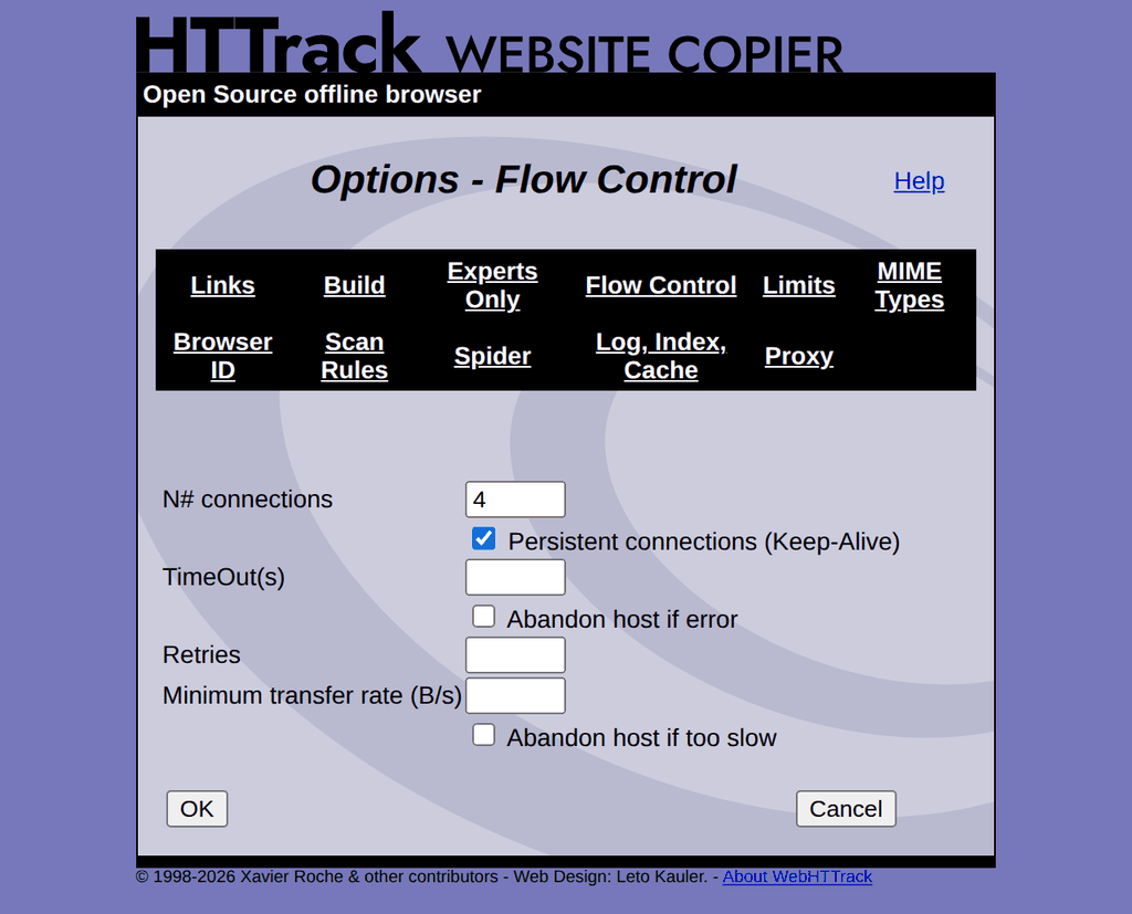 WebHTTrack Flow Control tab
