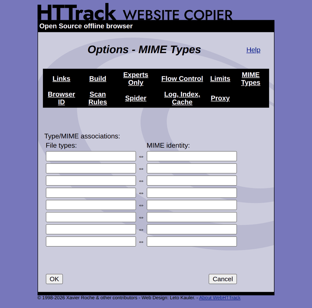 WebHTTrack MIME types tab