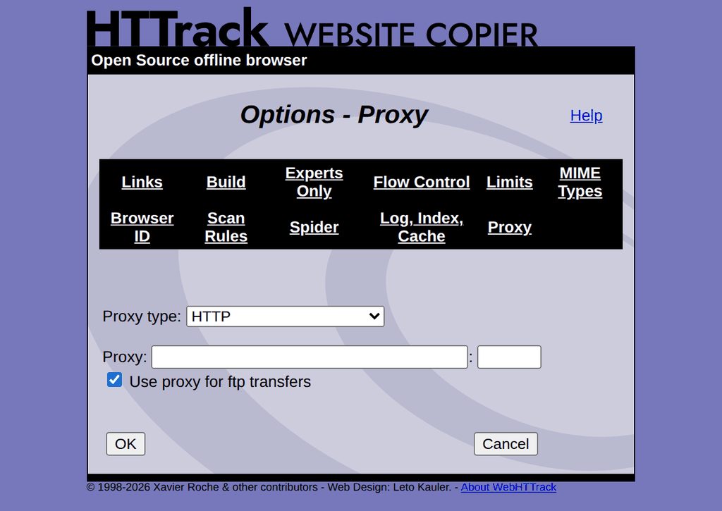 WebHTTrack Proxy tab