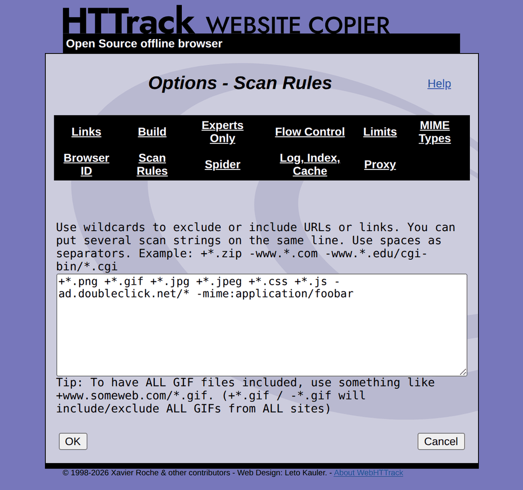 WebHTTrack Scan Rules tab