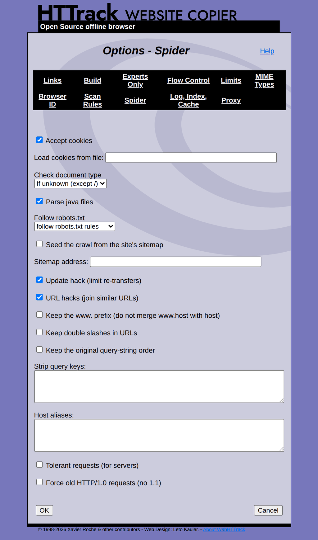 WebHTTrack Spider tab
