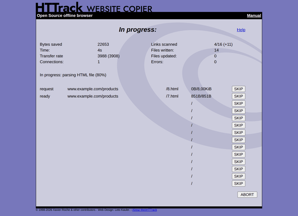 WebHTTrack mirror in progress