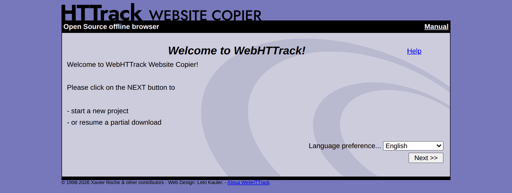 WebHTTrack welcome page