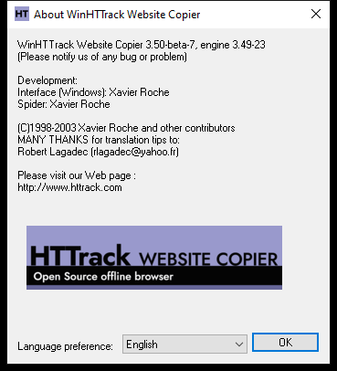 WinHTTrack About box with the language preference dropdown
