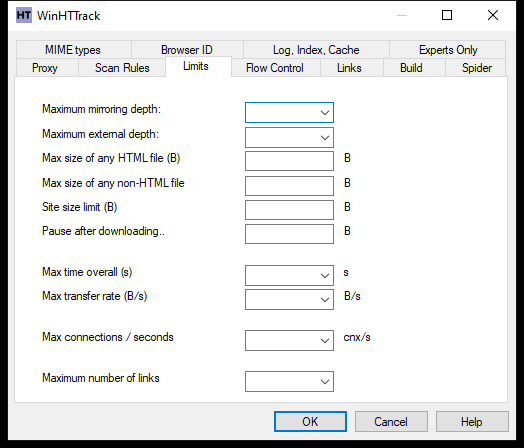 WinHTTrack Limits tab