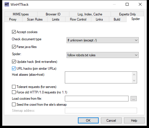 WinHTTrack Spider tab