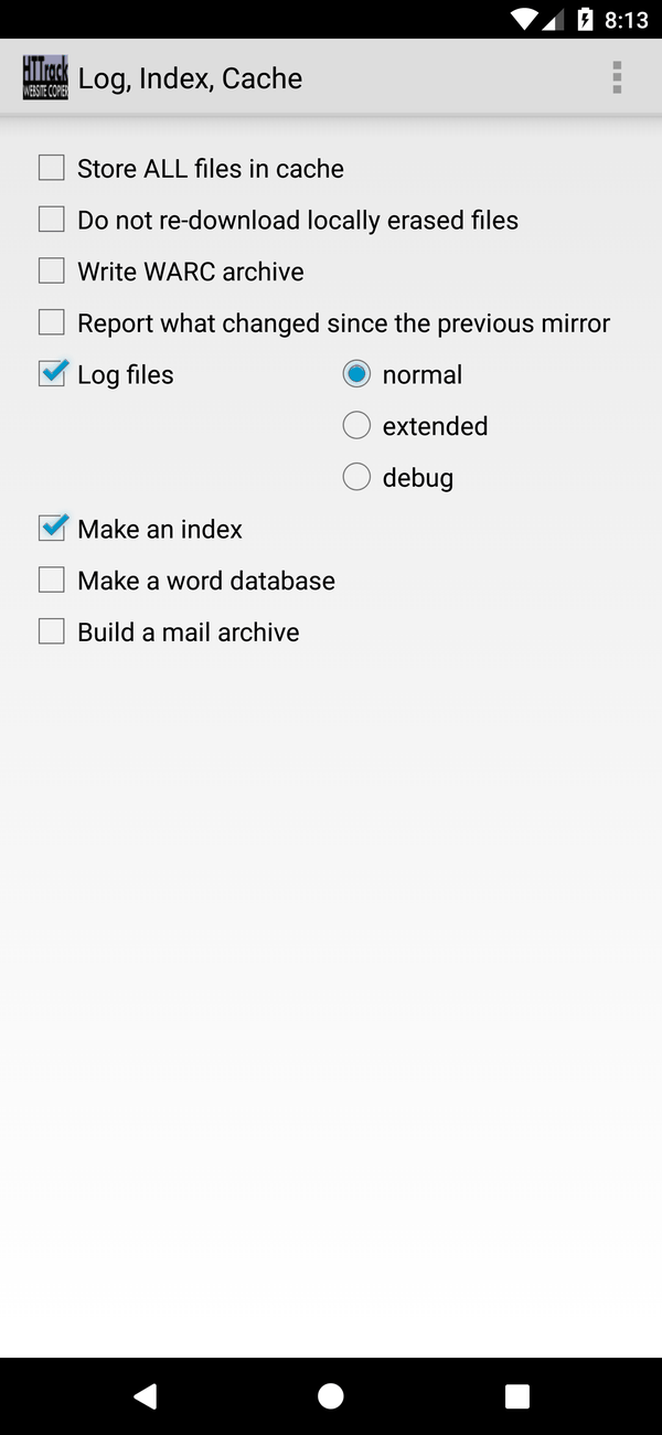 Android Log, Index, Cache tab