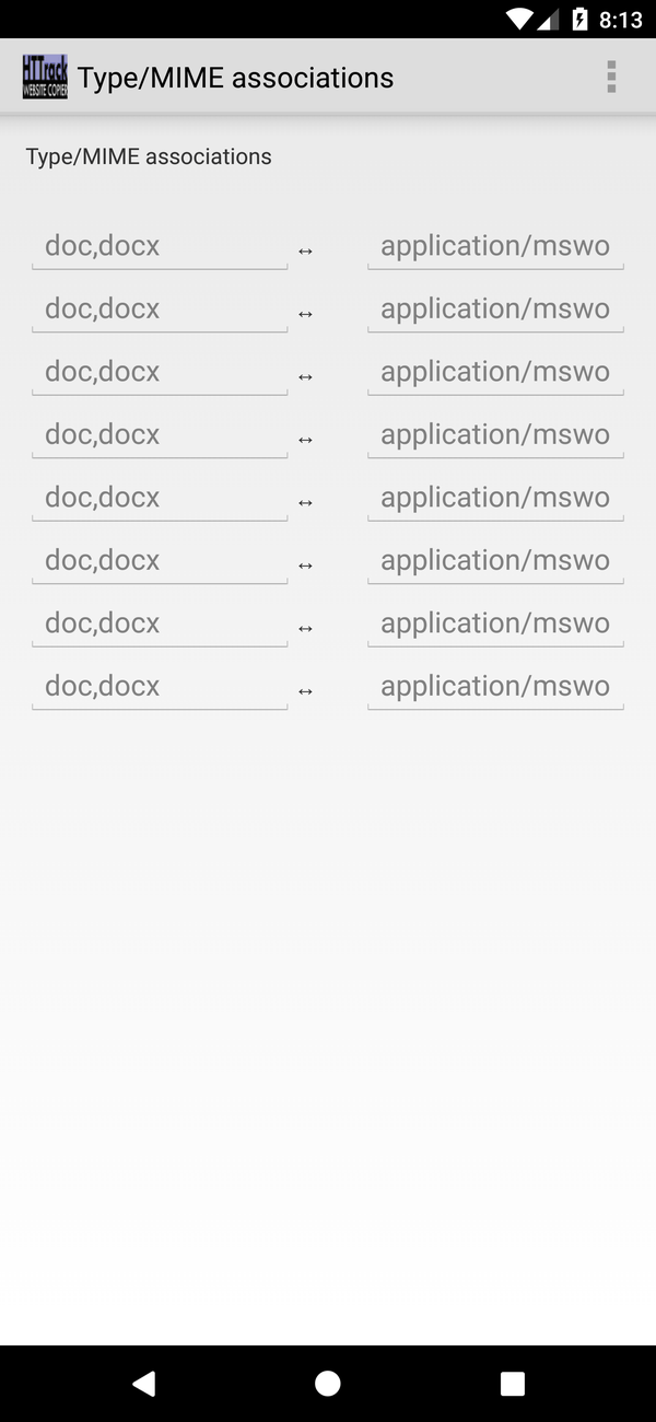 Android MIME types tab