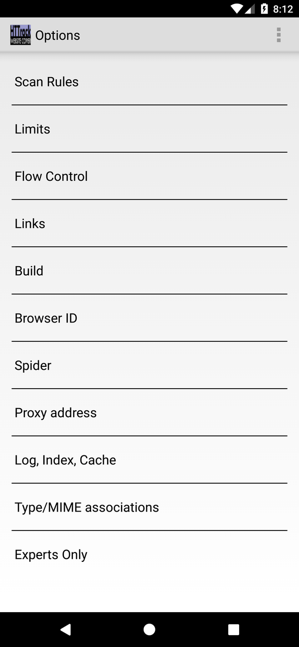 Android options tab list