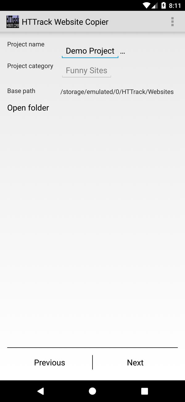 Android project name, category and base path