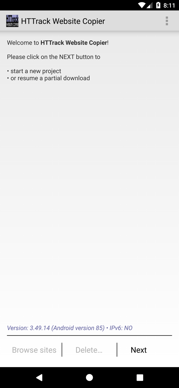 HTTrack for Android welcome screen