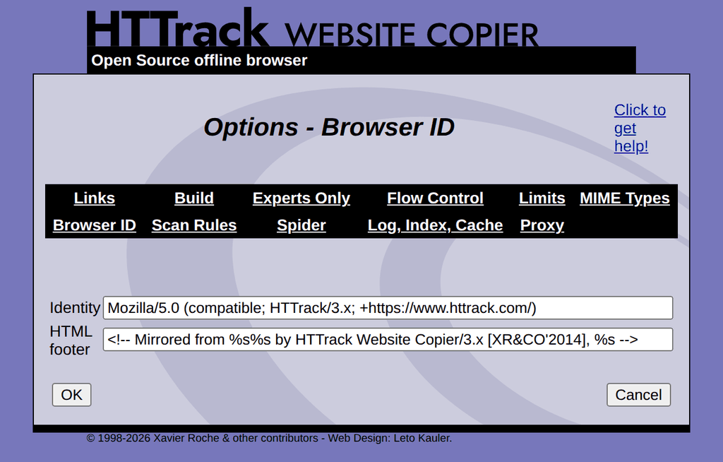 WebHTTrack Browser ID tab