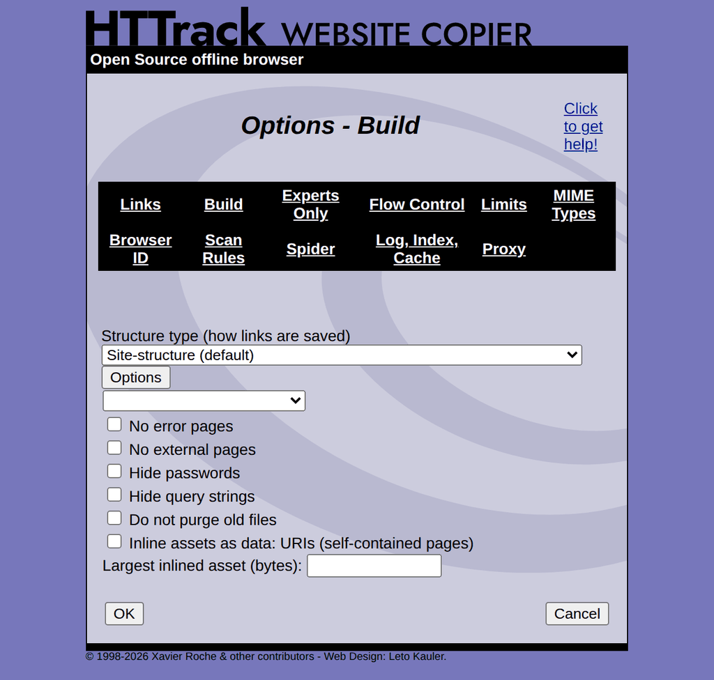 WebHTTrack Build tab