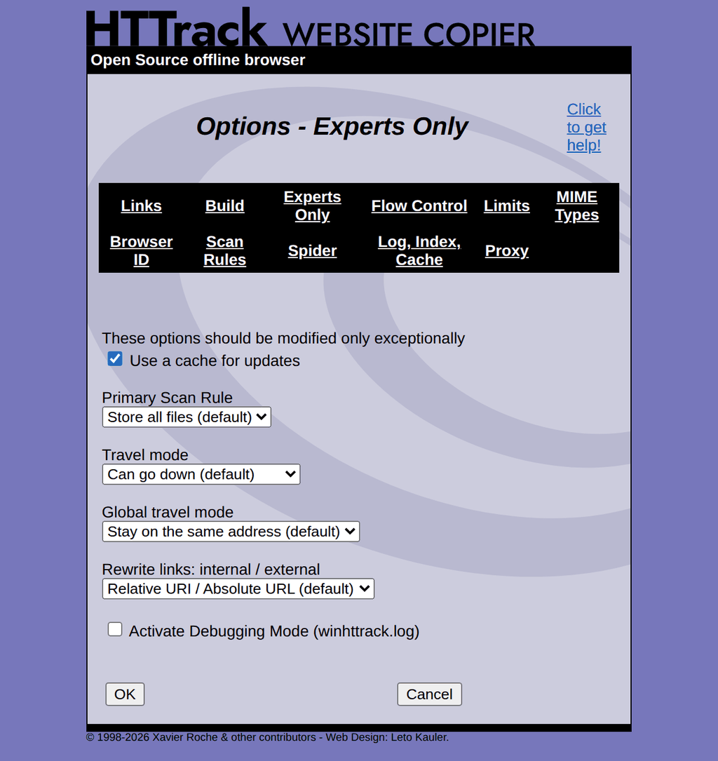 WebHTTrack Experts Only tab