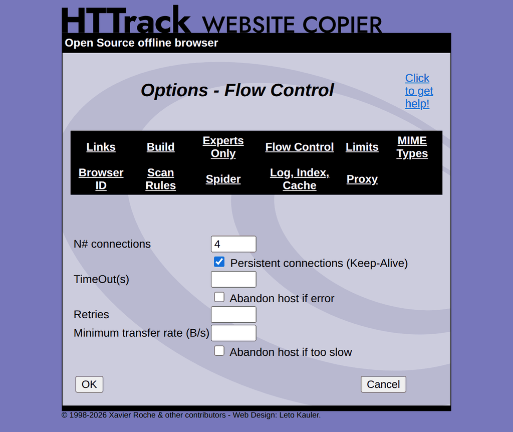 WebHTTrack Flow Control tab