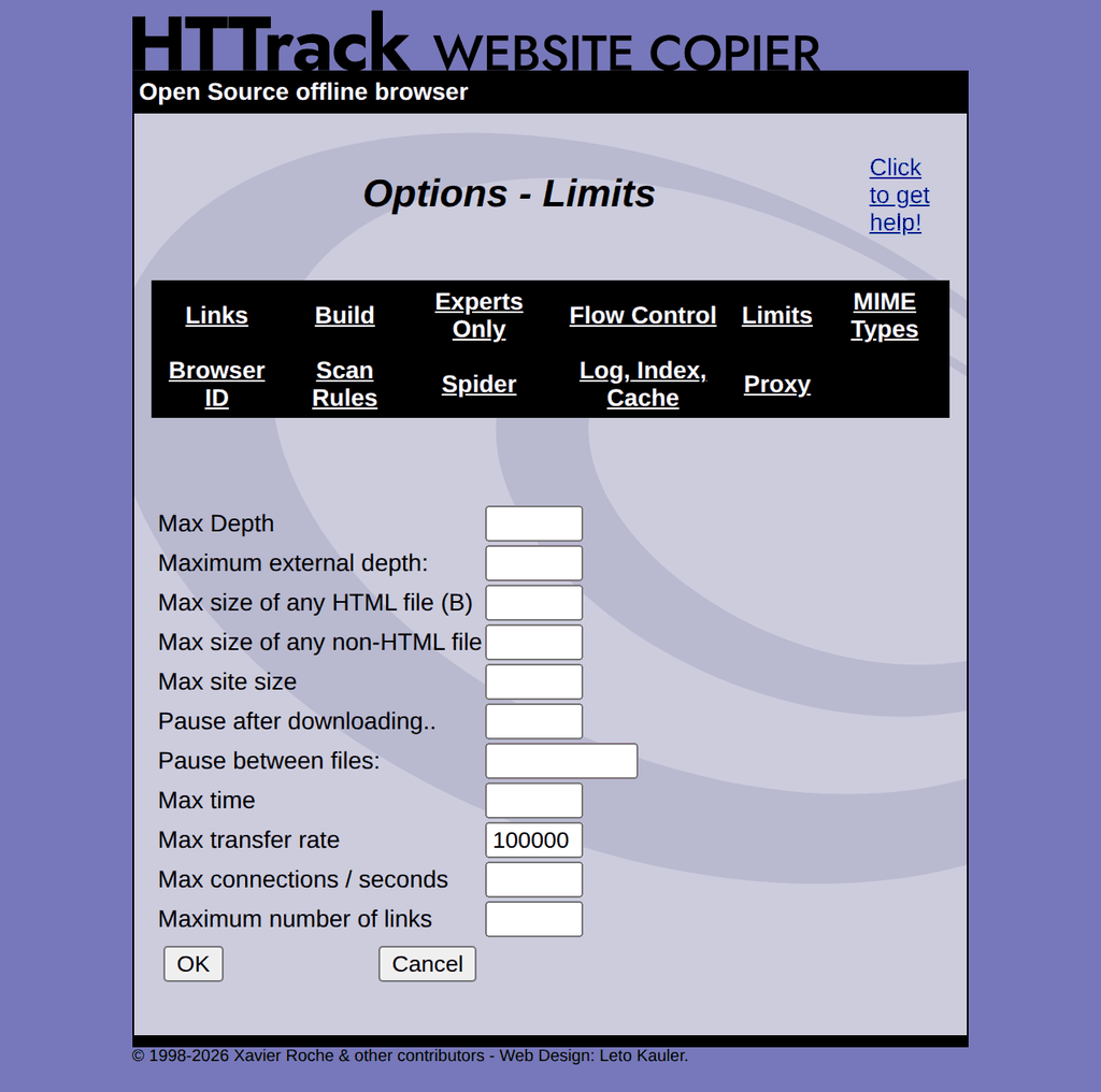 WebHTTrack Limits tab