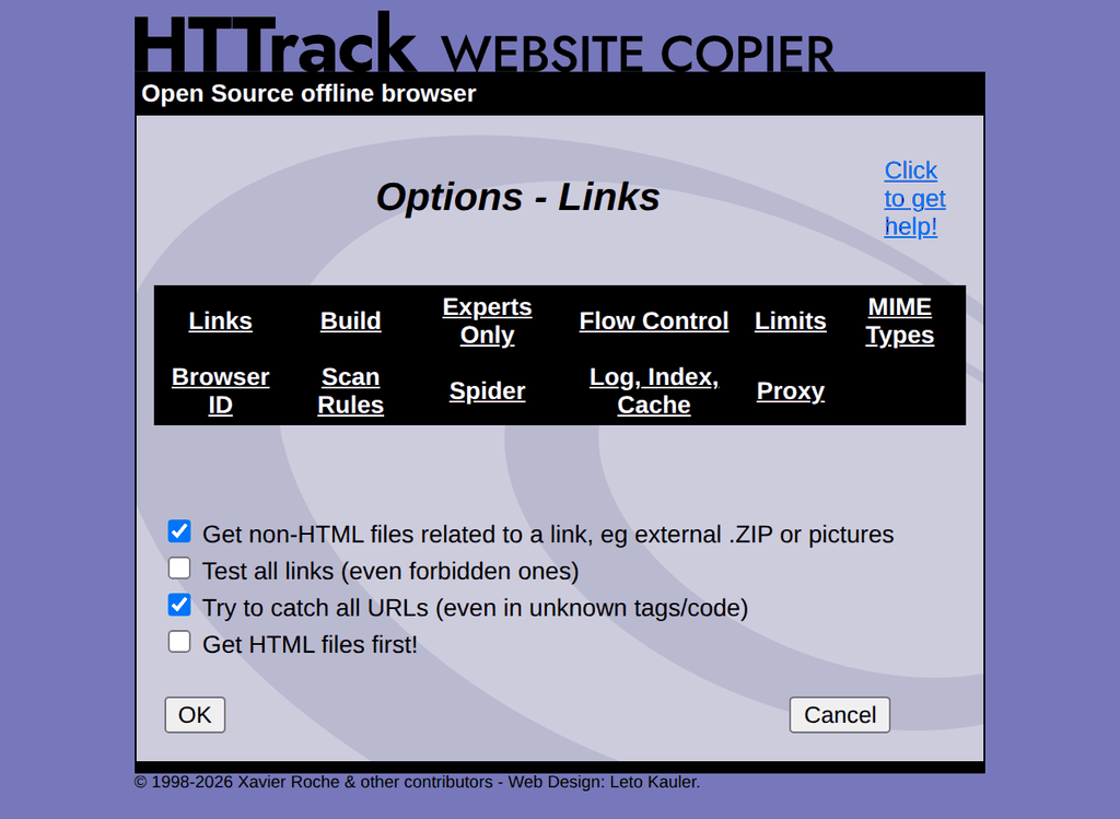 WebHTTrack Links tab