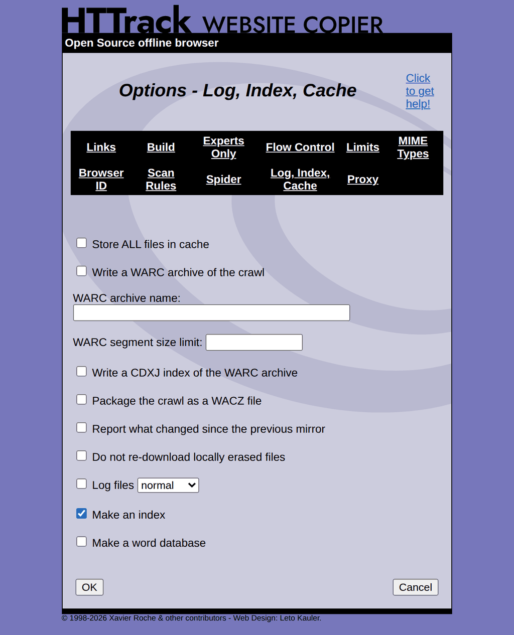 WebHTTrack Log, Index, Cache tab