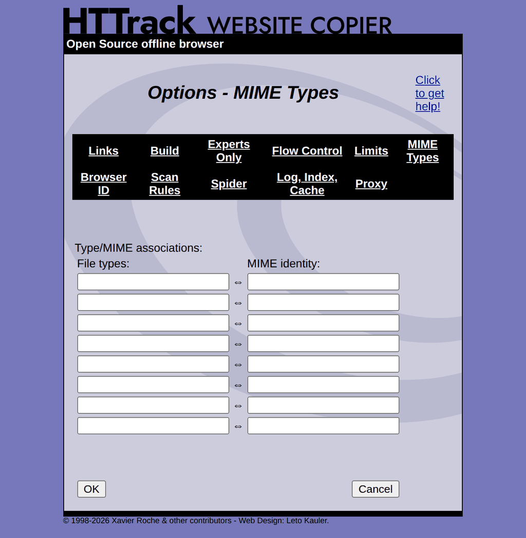 WebHTTrack MIME types tab