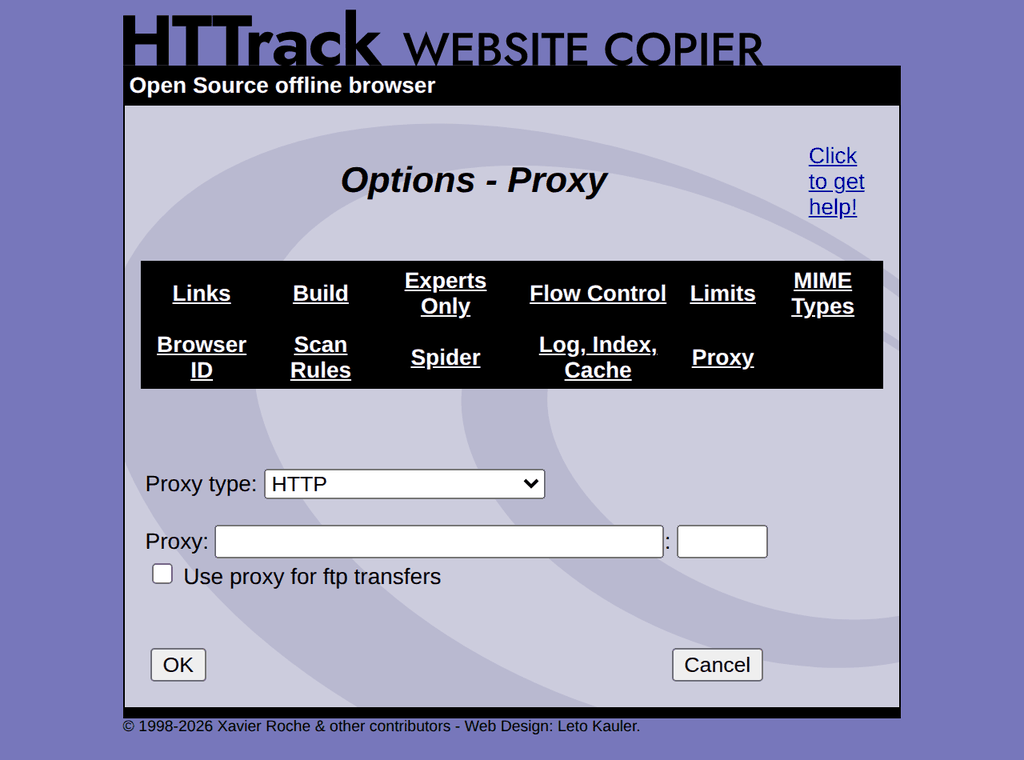 WebHTTrack Proxy tab