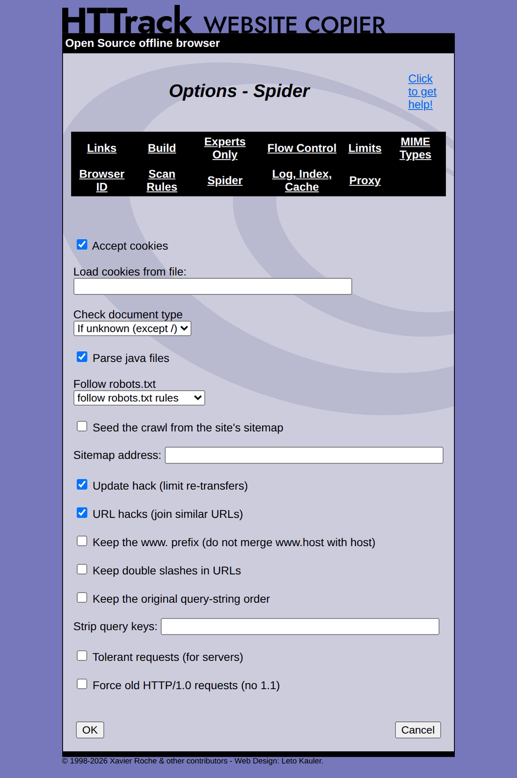 WebHTTrack Spider tab