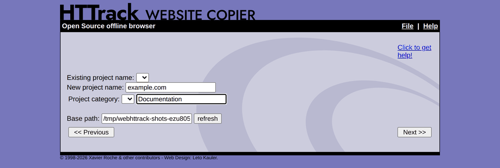 WebHTTrack project name, category and base path