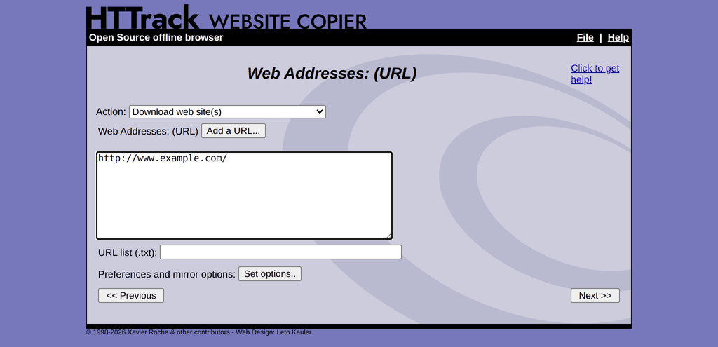 WebHTTrack action and web addresses