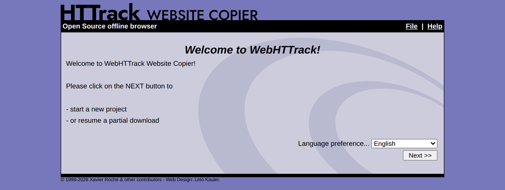 WebHTTrack welcome page