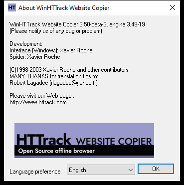 WinHTTrack About box with the language preference dropdown