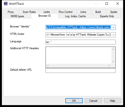 WinHTTrack Browser ID tab