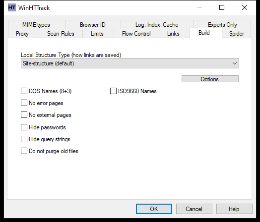WinHTTrack Build tab