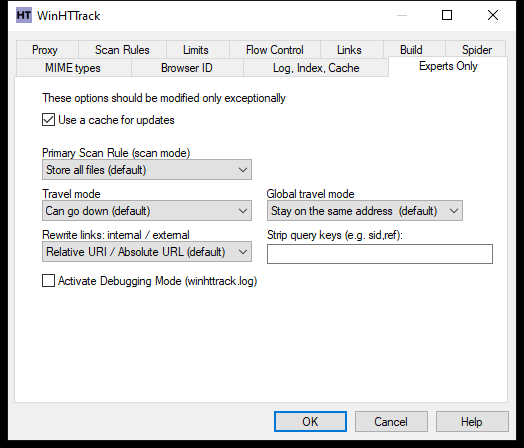 WinHTTrack Experts Only tab