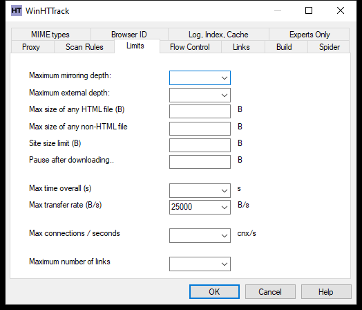 WinHTTrack Limits tab