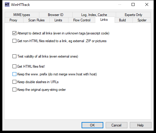 WinHTTrack Links tab