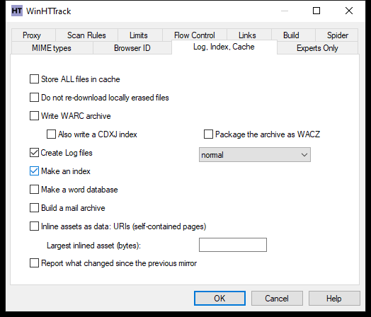 WinHTTrack Log, Index, Cache tab