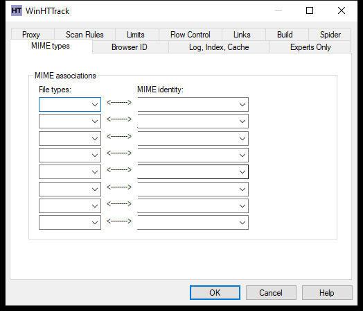 WinHTTrack MIME types tab