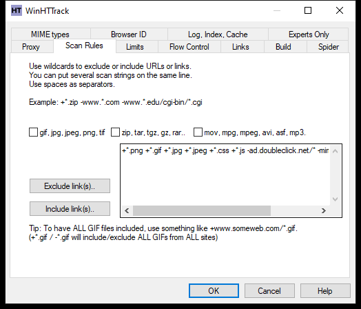 WinHTTrack Scan Rules tab
