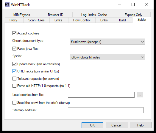 WinHTTrack Spider tab