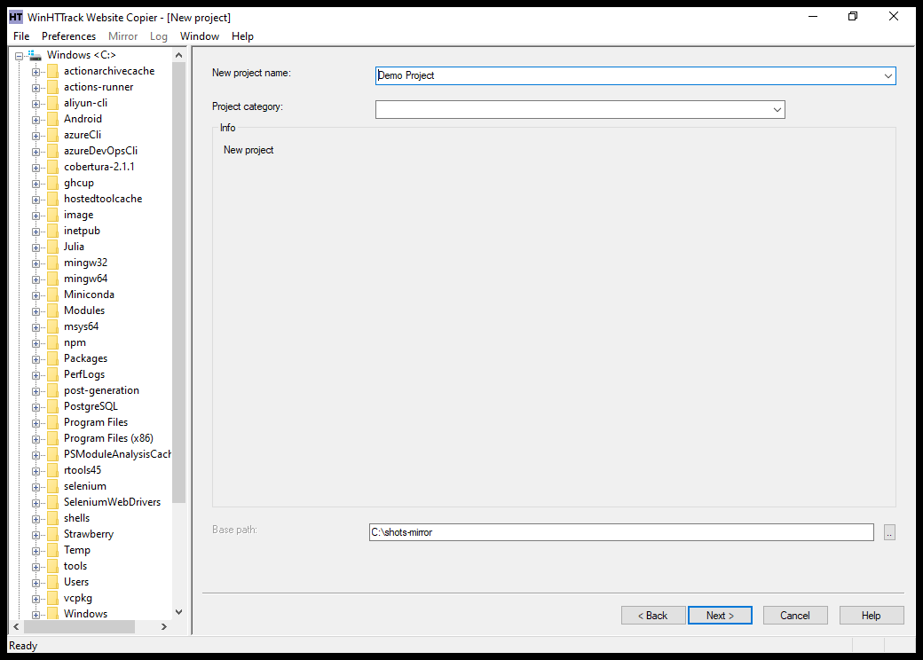 WinHTTrack project name, category and base path