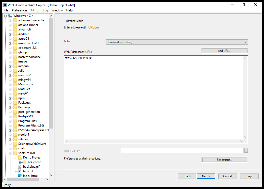 WinHTTrack action and web addresses