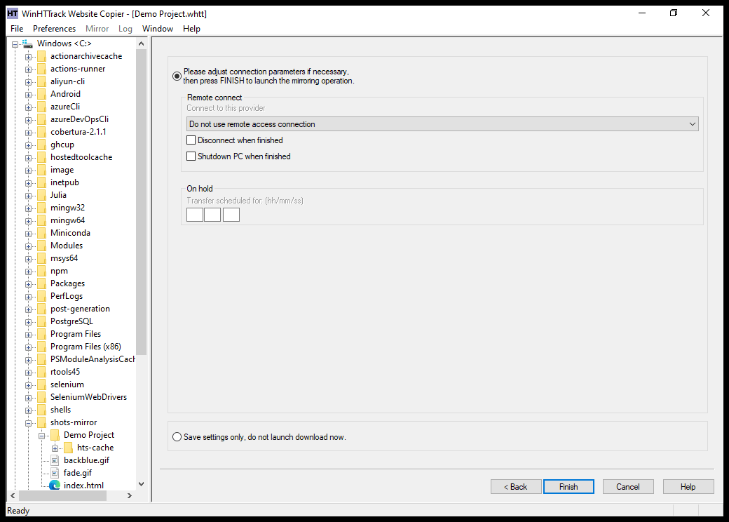 WinHTTrack connection settings before starting