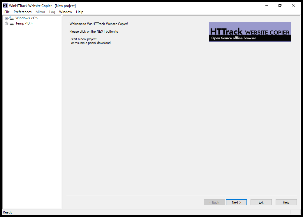 WinHTTrack welcome pane